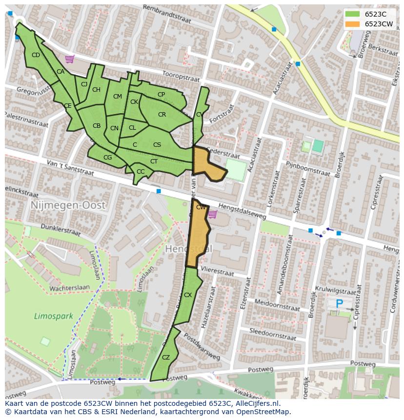 Afbeelding van het postcodegebied 6523 CW op de kaart.
