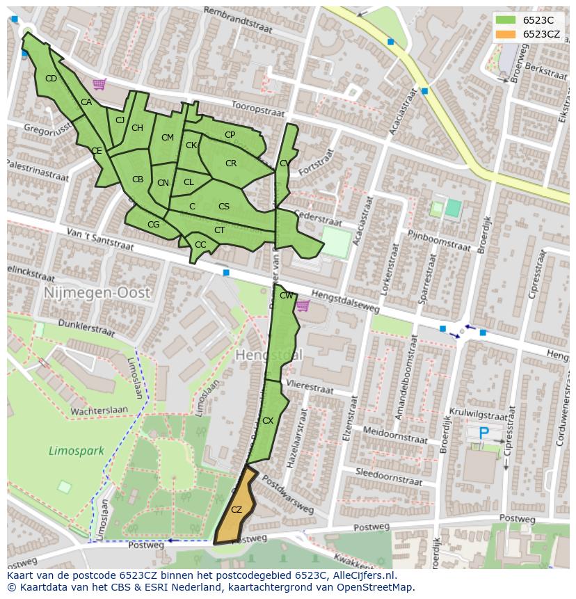 Afbeelding van het postcodegebied 6523 CZ op de kaart.