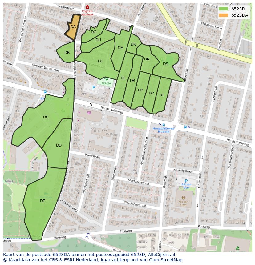 Afbeelding van het postcodegebied 6523 DA op de kaart.