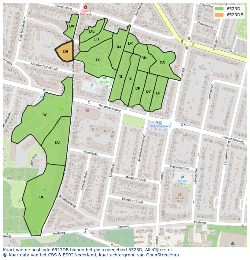 Afbeelding van het postcodegebied 6523 DB op de kaart.