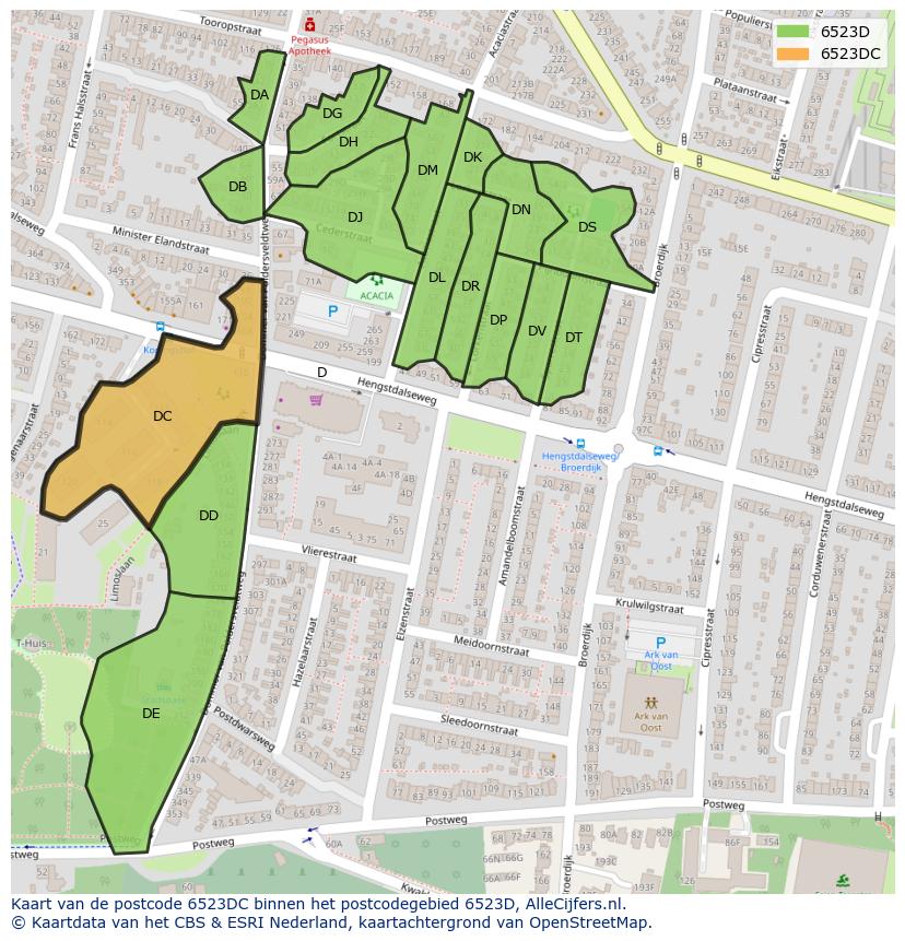 Afbeelding van het postcodegebied 6523 DC op de kaart.