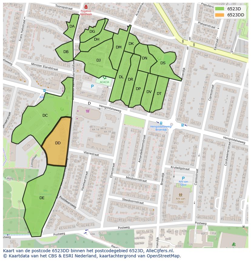 Afbeelding van het postcodegebied 6523 DD op de kaart.