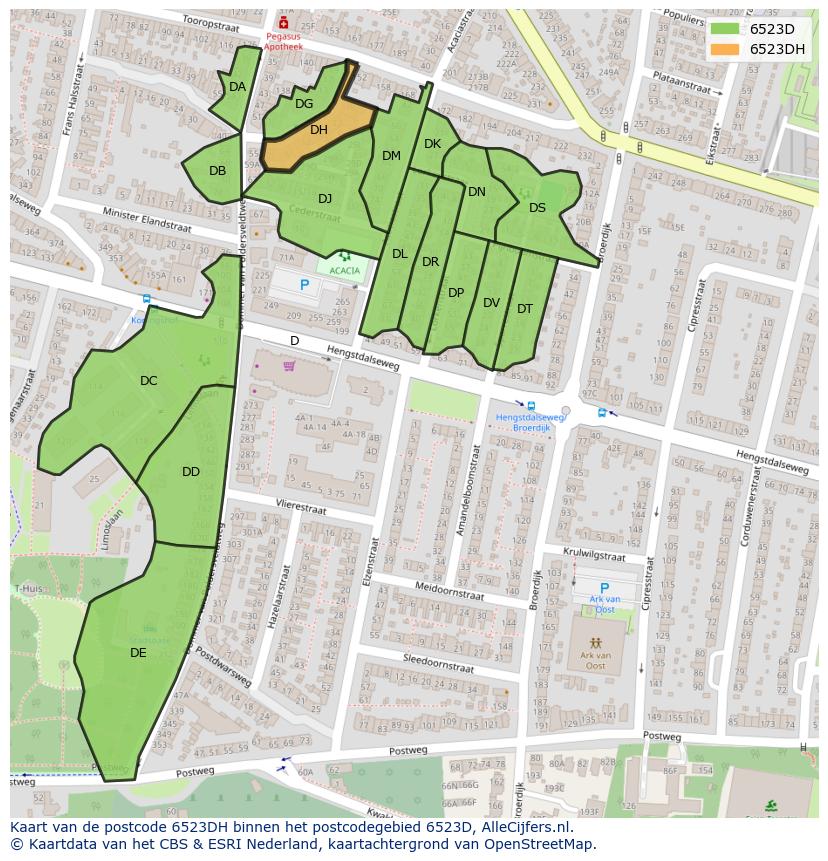 Afbeelding van het postcodegebied 6523 DH op de kaart.