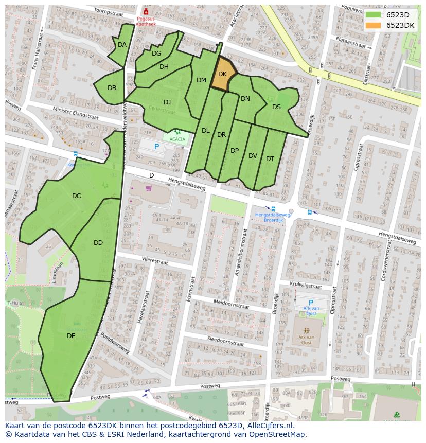 Afbeelding van het postcodegebied 6523 DK op de kaart.