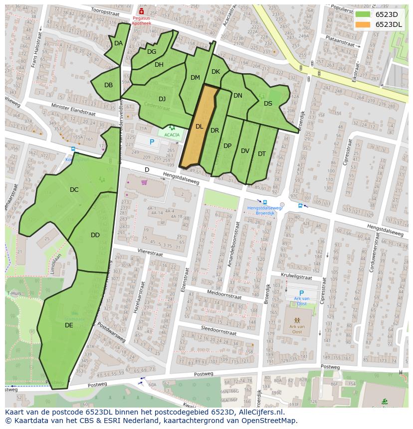 Afbeelding van het postcodegebied 6523 DL op de kaart.