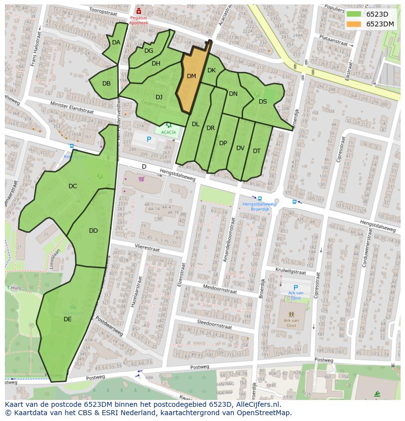 Afbeelding van het postcodegebied 6523 DM op de kaart.