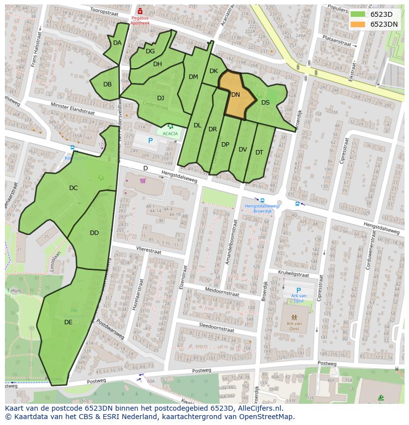 Afbeelding van het postcodegebied 6523 DN op de kaart.