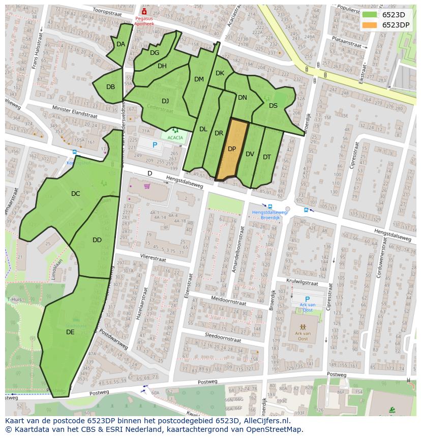 Afbeelding van het postcodegebied 6523 DP op de kaart.