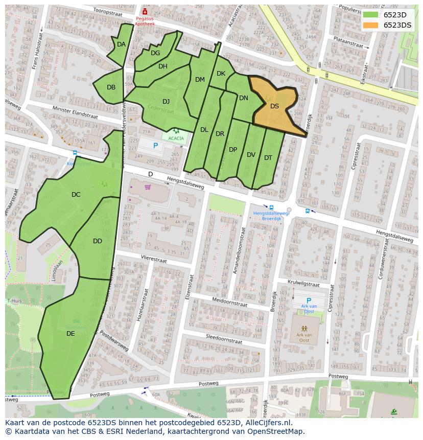 Afbeelding van het postcodegebied 6523 DS op de kaart.