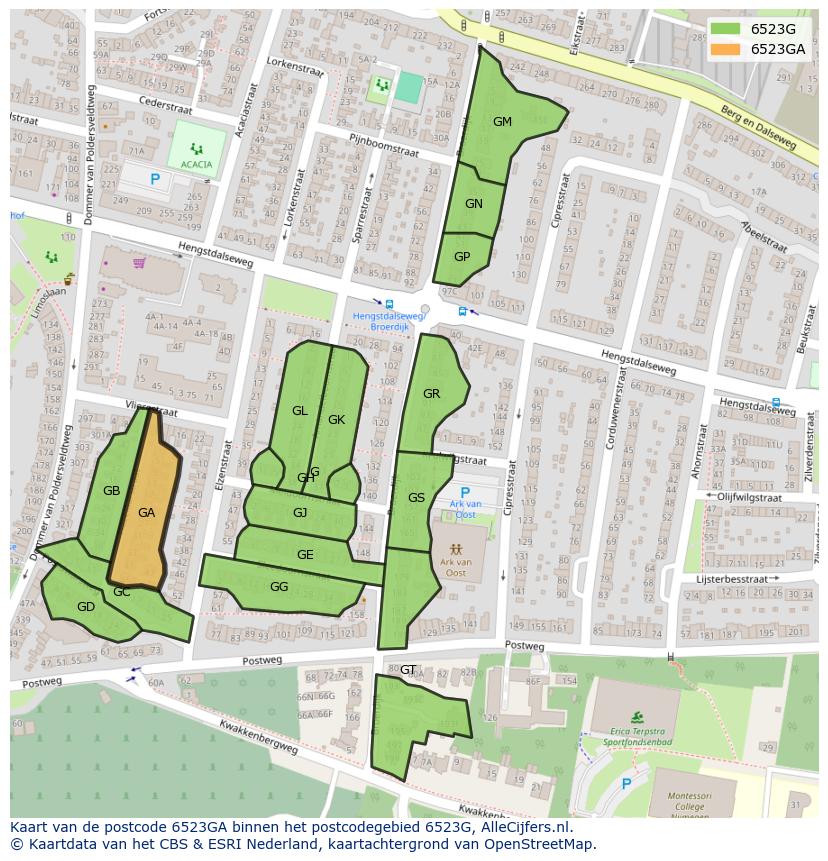 Afbeelding van het postcodegebied 6523 GA op de kaart.