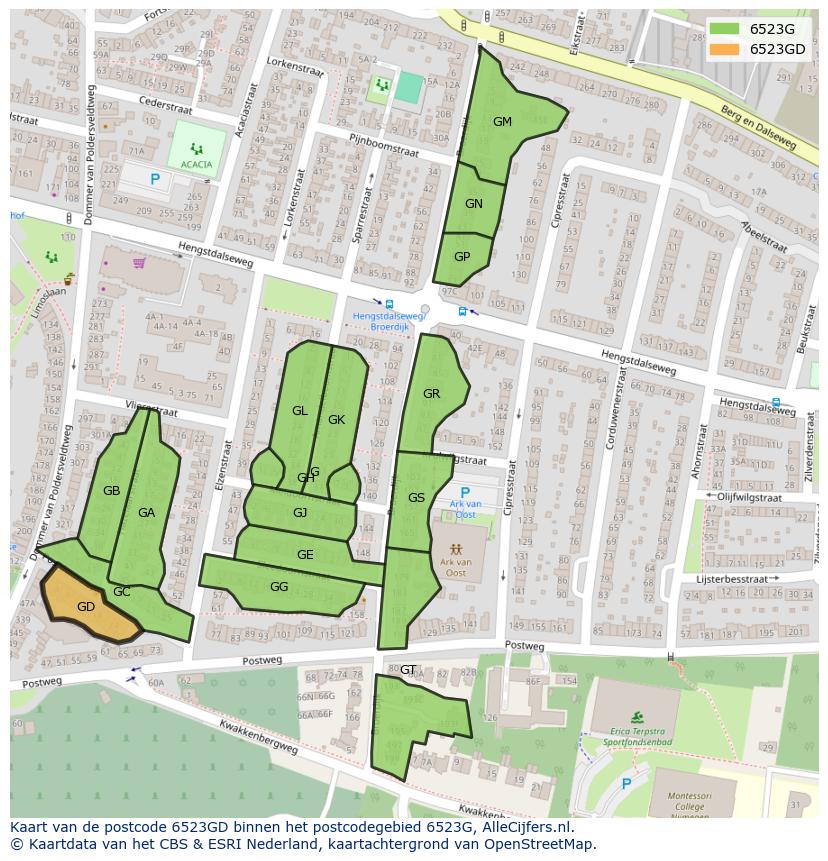 Afbeelding van het postcodegebied 6523 GD op de kaart.