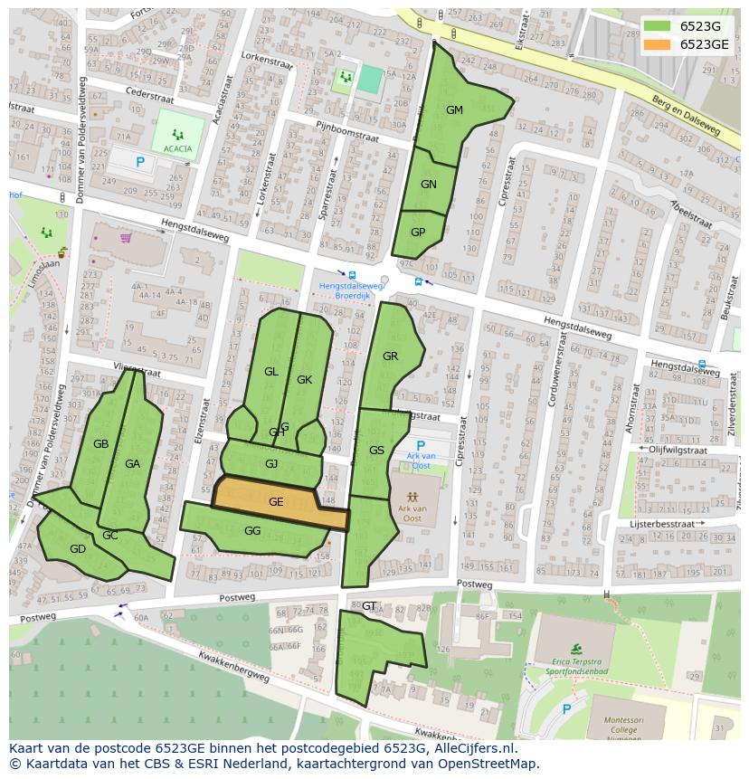 Afbeelding van het postcodegebied 6523 GE op de kaart.