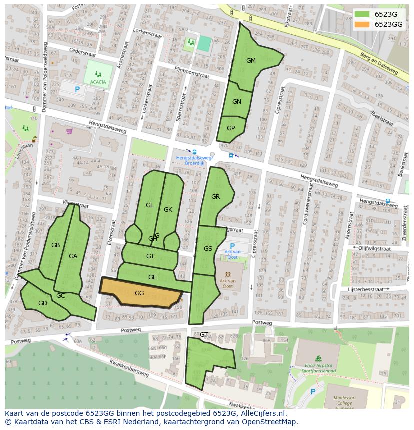Afbeelding van het postcodegebied 6523 GG op de kaart.