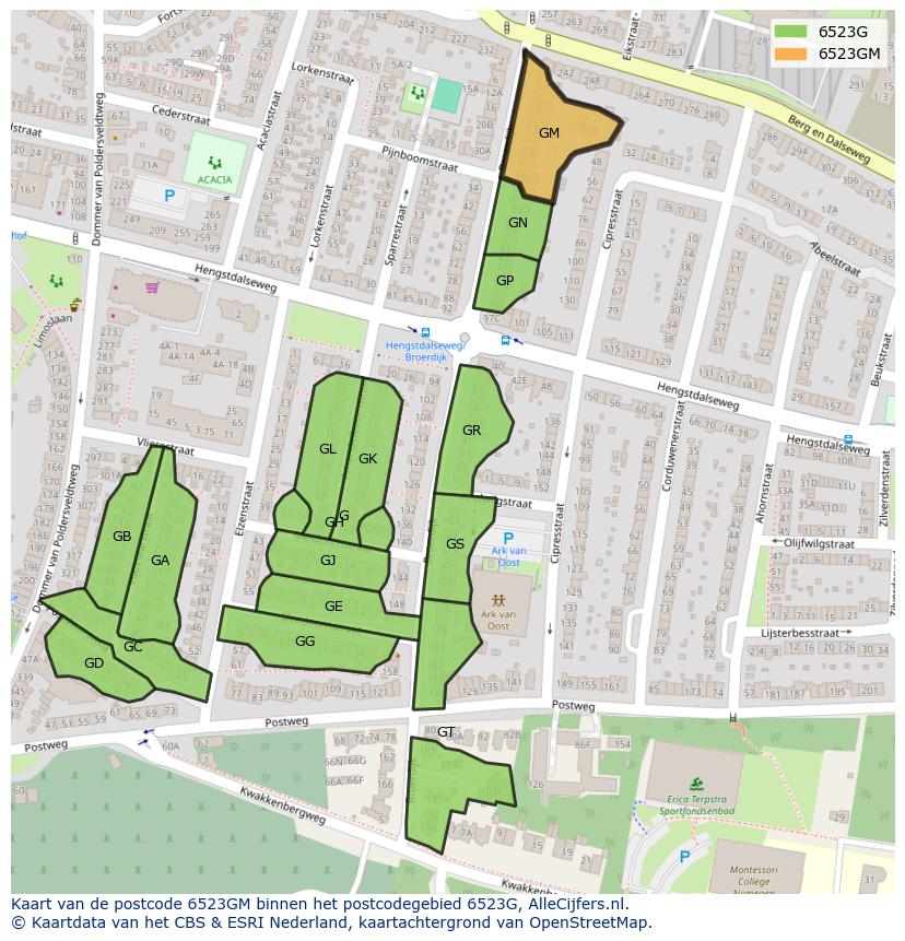 Afbeelding van het postcodegebied 6523 GM op de kaart.
