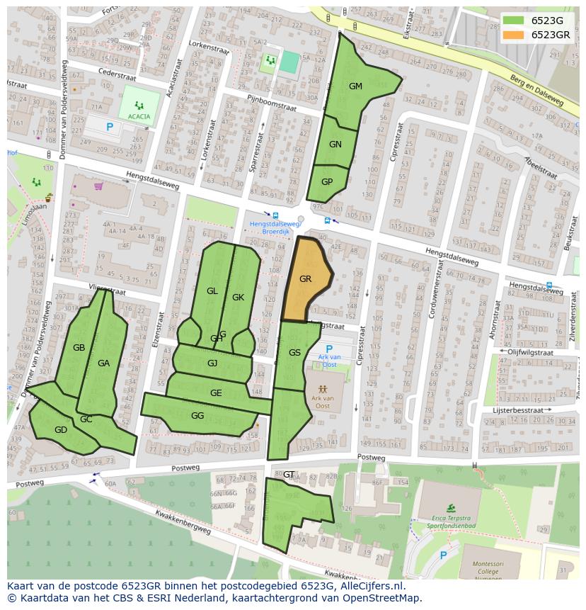 Afbeelding van het postcodegebied 6523 GR op de kaart.