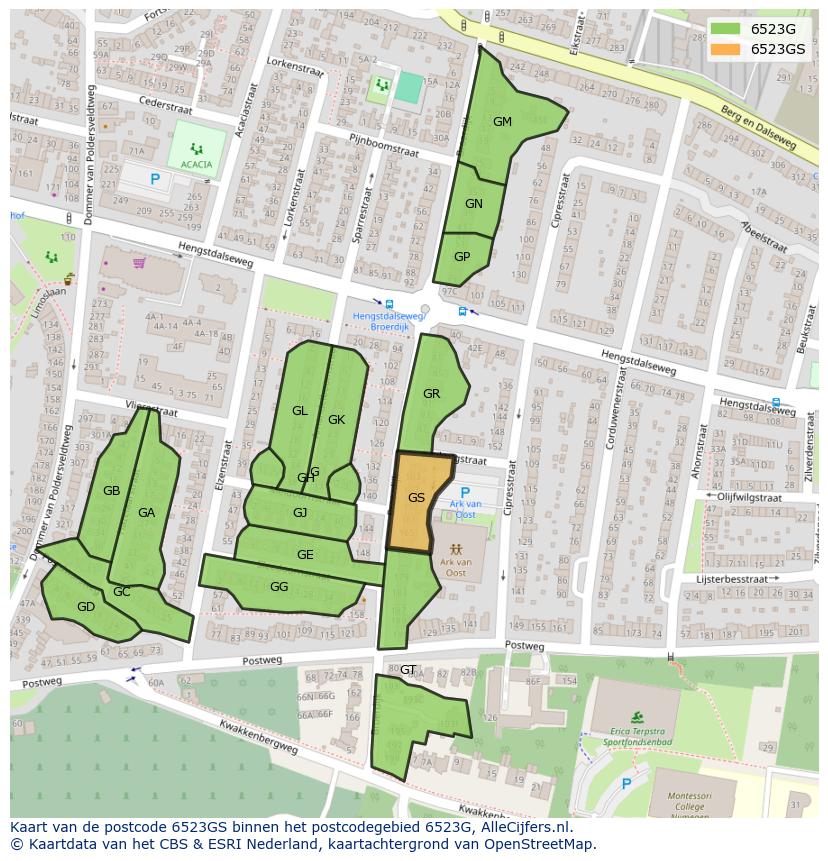 Afbeelding van het postcodegebied 6523 GS op de kaart.