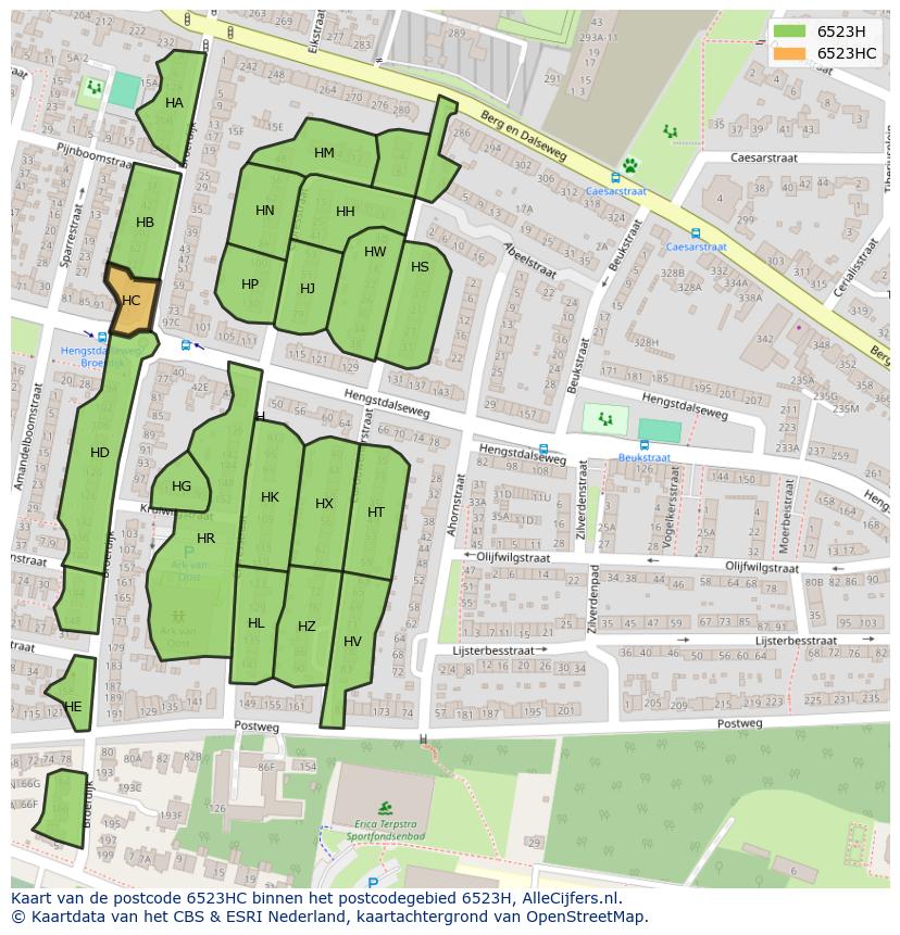 Afbeelding van het postcodegebied 6523 HC op de kaart.