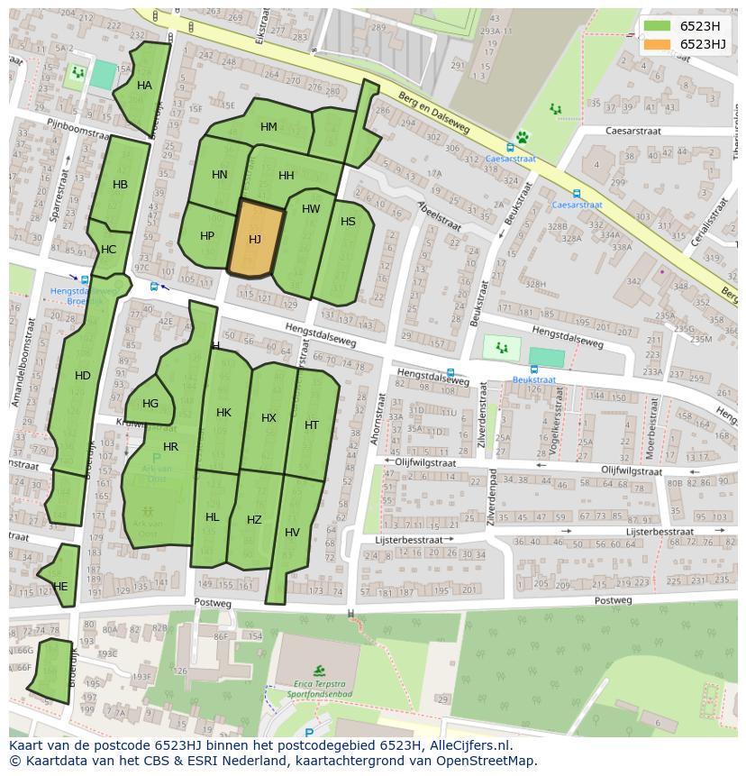 Afbeelding van het postcodegebied 6523 HJ op de kaart.