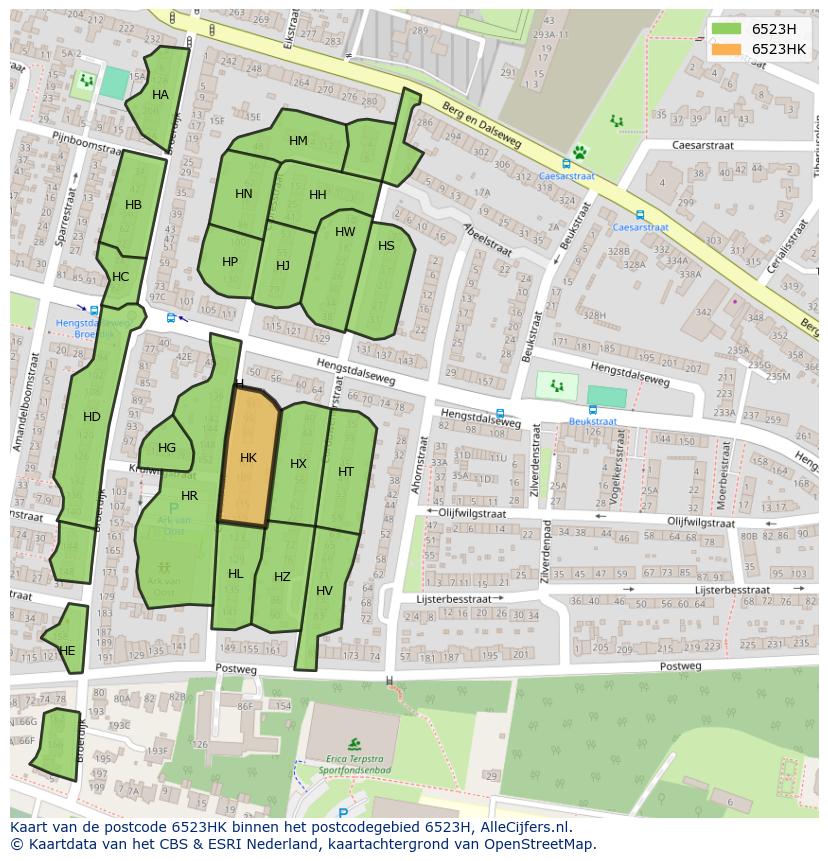 Afbeelding van het postcodegebied 6523 HK op de kaart.