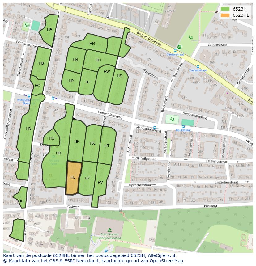 Afbeelding van het postcodegebied 6523 HL op de kaart.