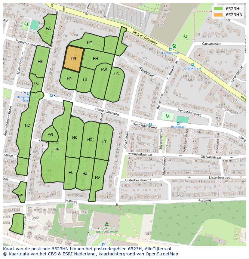 Afbeelding van het postcodegebied 6523 HN op de kaart.