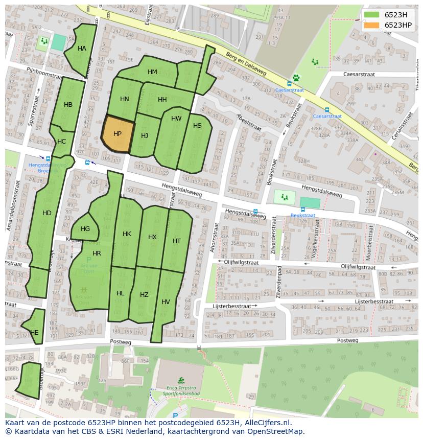 Afbeelding van het postcodegebied 6523 HP op de kaart.