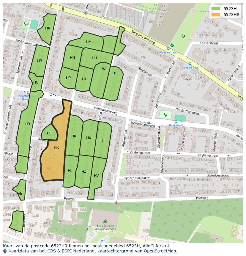 Afbeelding van het postcodegebied 6523 HR op de kaart.