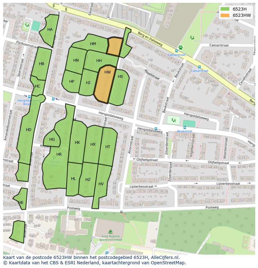 Afbeelding van het postcodegebied 6523 HW op de kaart.