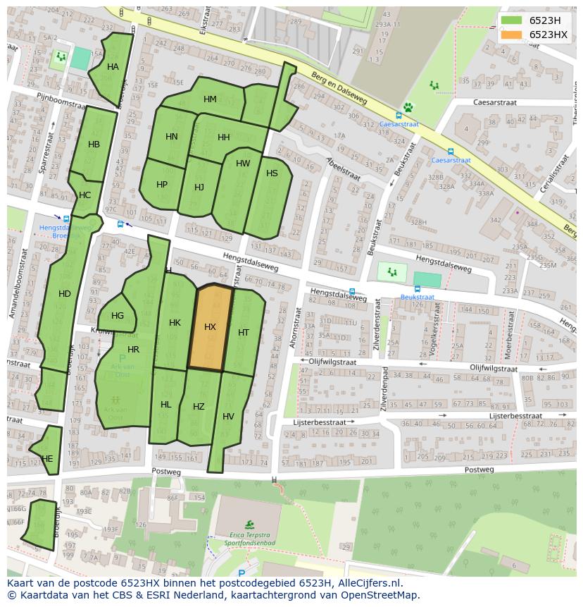 Afbeelding van het postcodegebied 6523 HX op de kaart.