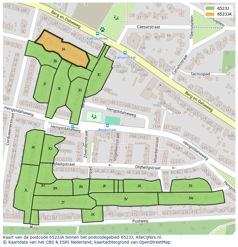 Afbeelding van het postcodegebied 6523 JA op de kaart.