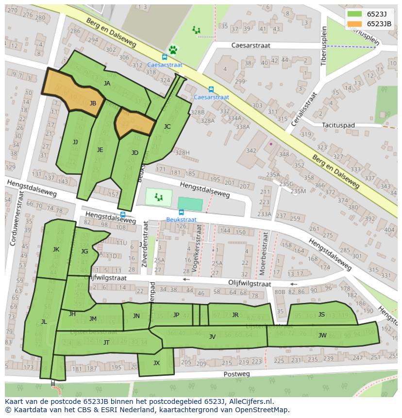 Afbeelding van het postcodegebied 6523 JB op de kaart.