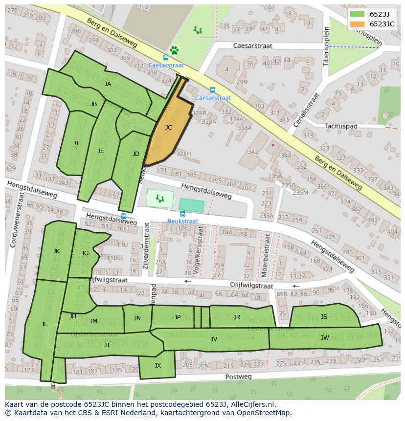 Afbeelding van het postcodegebied 6523 JC op de kaart.