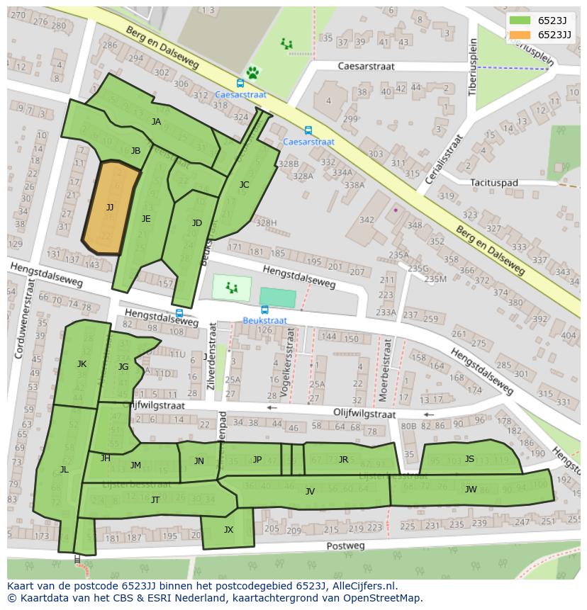 Afbeelding van het postcodegebied 6523 JJ op de kaart.