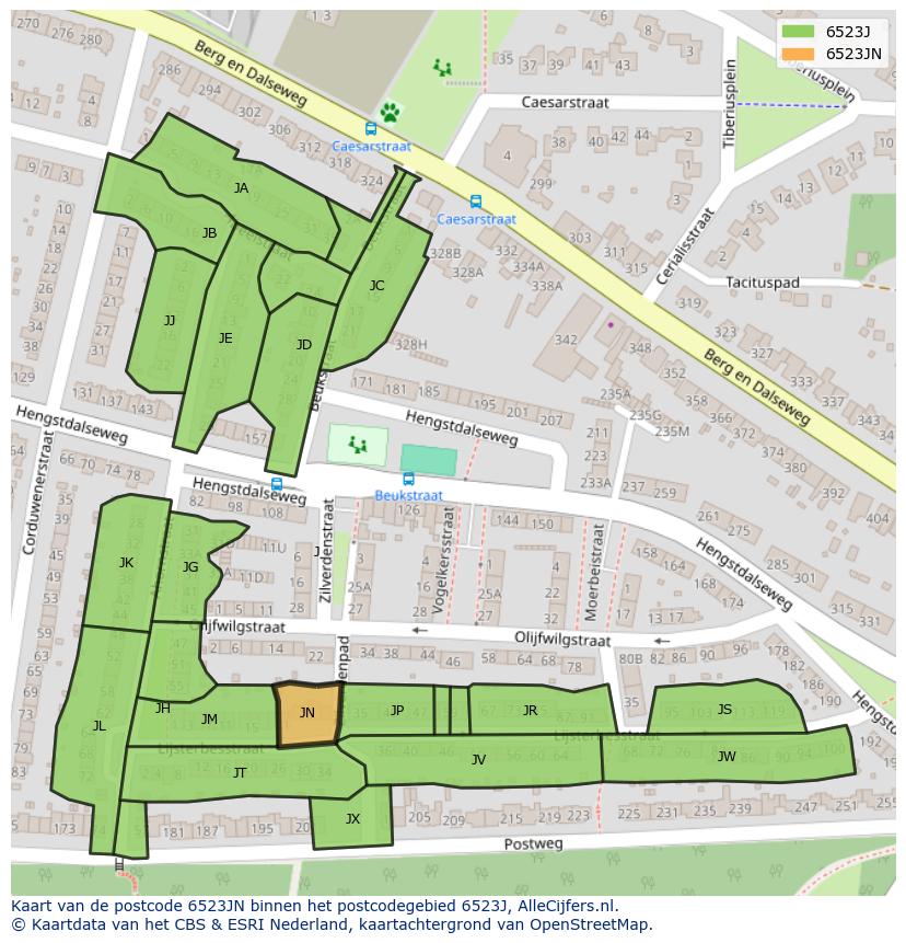 Afbeelding van het postcodegebied 6523 JN op de kaart.