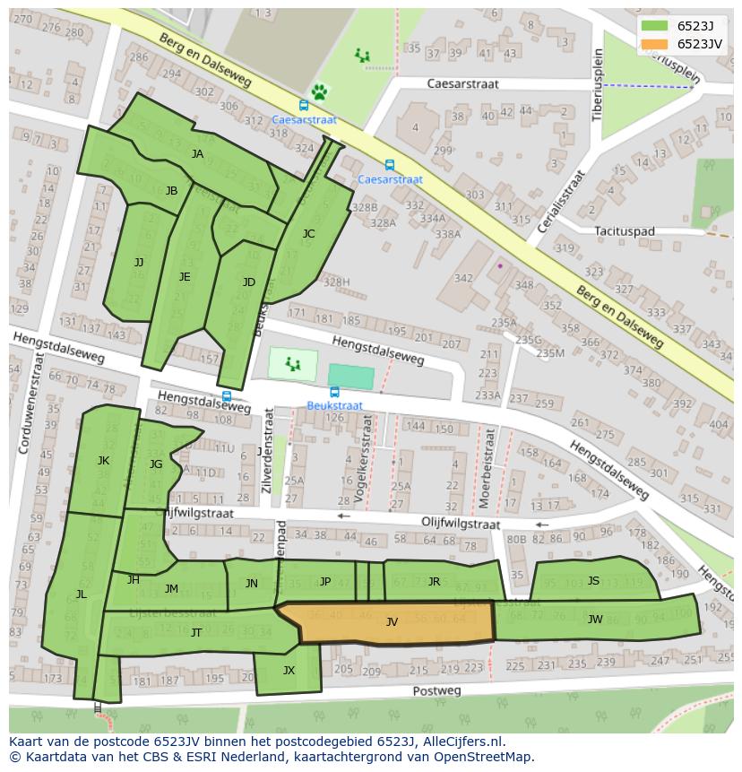 Afbeelding van het postcodegebied 6523 JV op de kaart.