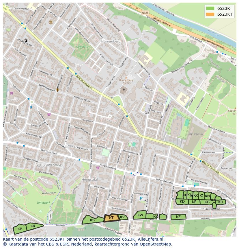 Afbeelding van het postcodegebied 6523 KT op de kaart.