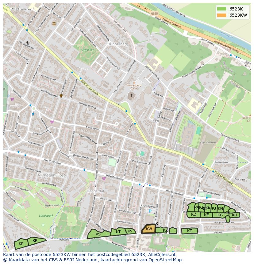 Afbeelding van het postcodegebied 6523 KW op de kaart.