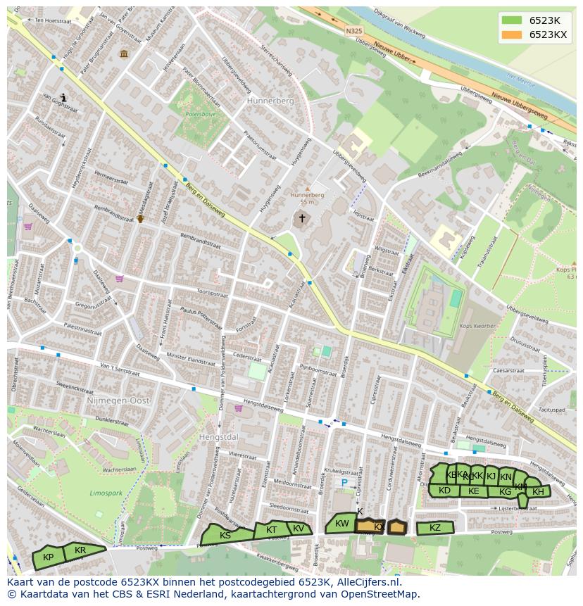 Afbeelding van het postcodegebied 6523 KX op de kaart.