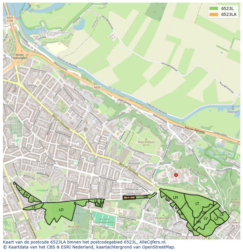 Afbeelding van het postcodegebied 6523 LA op de kaart.