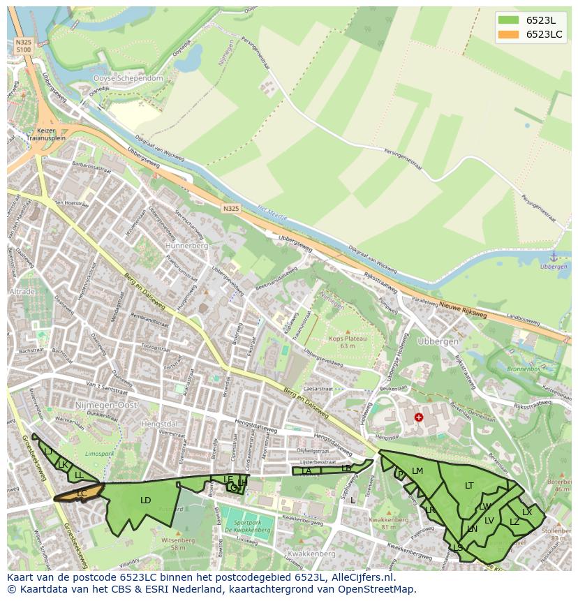 Afbeelding van het postcodegebied 6523 LC op de kaart.