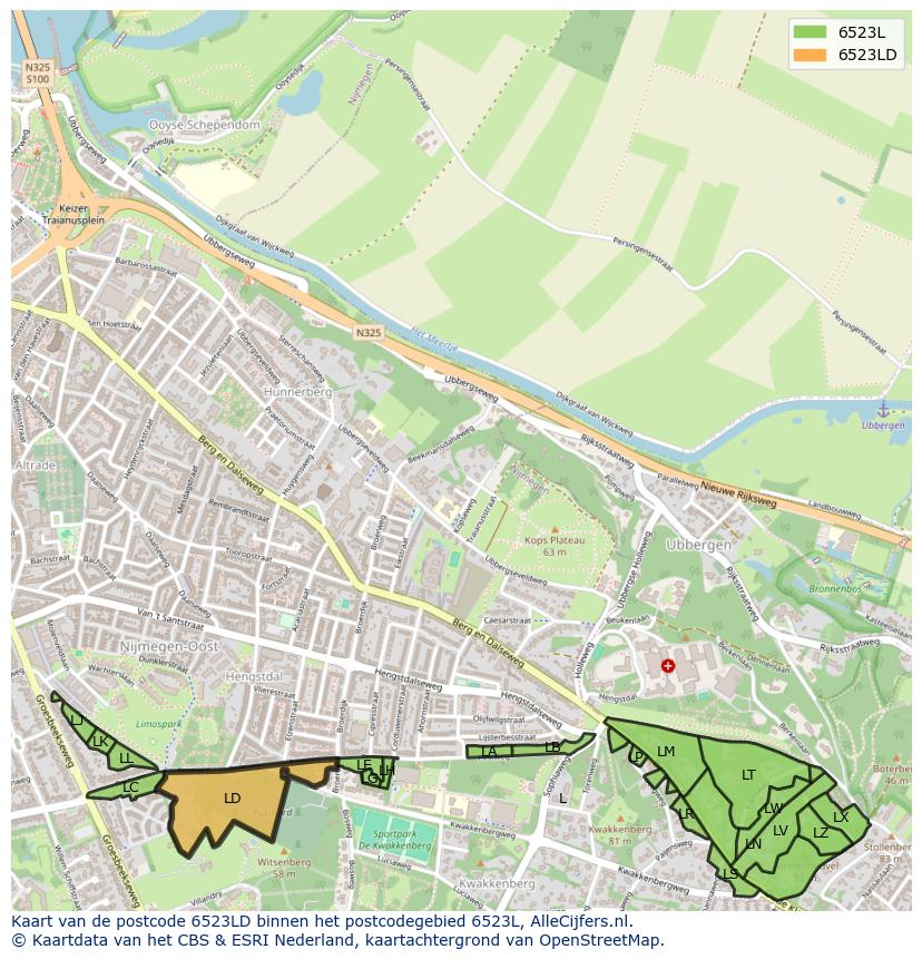 Afbeelding van het postcodegebied 6523 LD op de kaart.