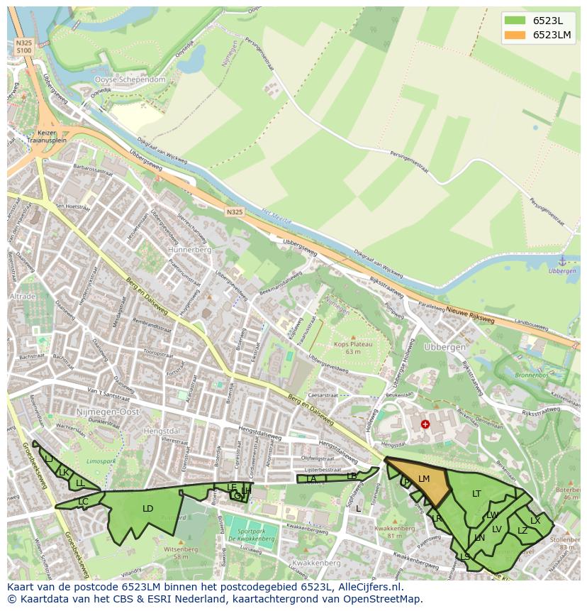 Afbeelding van het postcodegebied 6523 LM op de kaart.