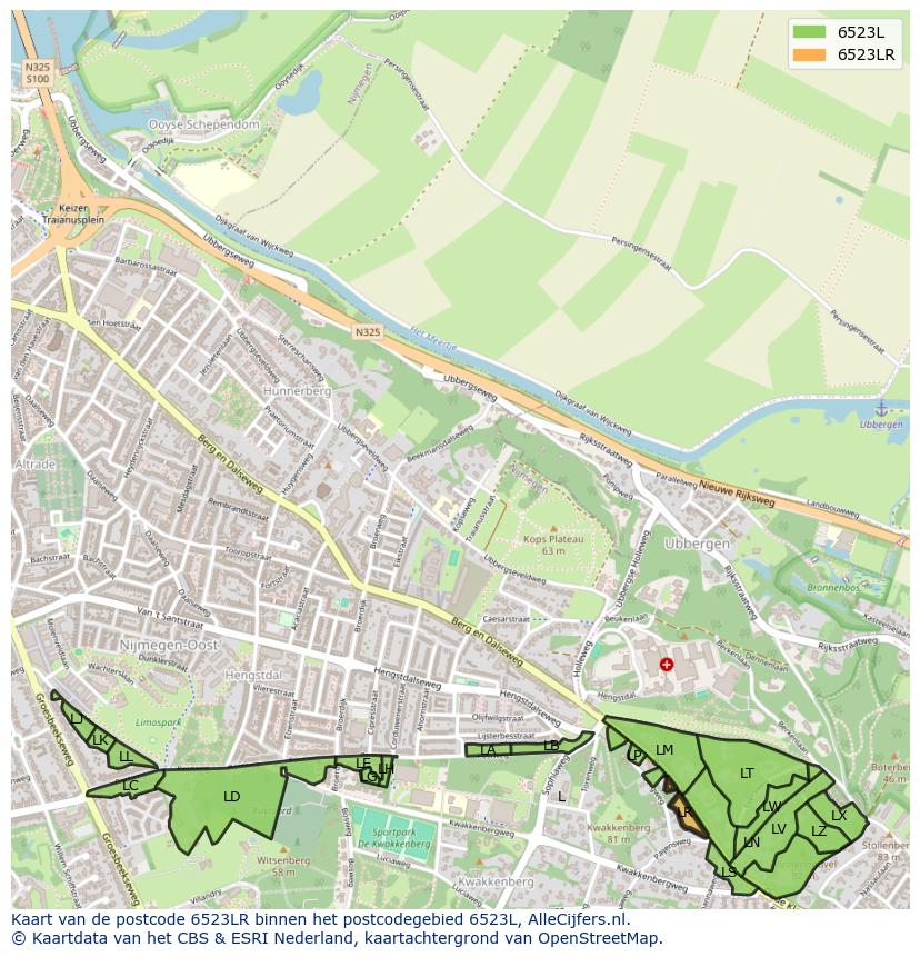 Afbeelding van het postcodegebied 6523 LR op de kaart.