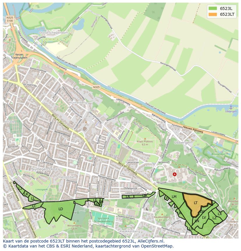 Afbeelding van het postcodegebied 6523 LT op de kaart.