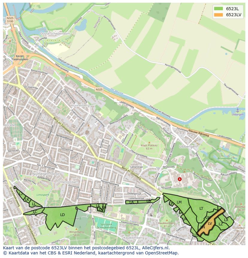 Afbeelding van het postcodegebied 6523 LV op de kaart.