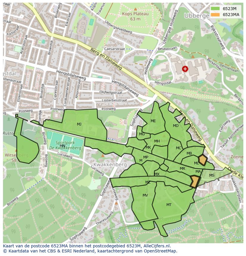 Afbeelding van het postcodegebied 6523 MA op de kaart.