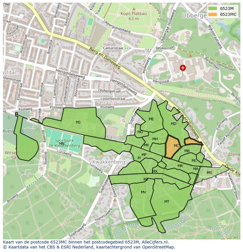 Afbeelding van het postcodegebied 6523 MC op de kaart.
