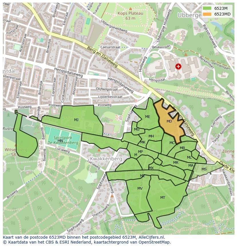 Afbeelding van het postcodegebied 6523 MD op de kaart.