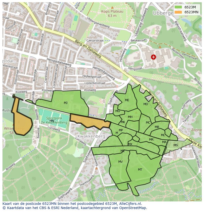 Afbeelding van het postcodegebied 6523 MN op de kaart.