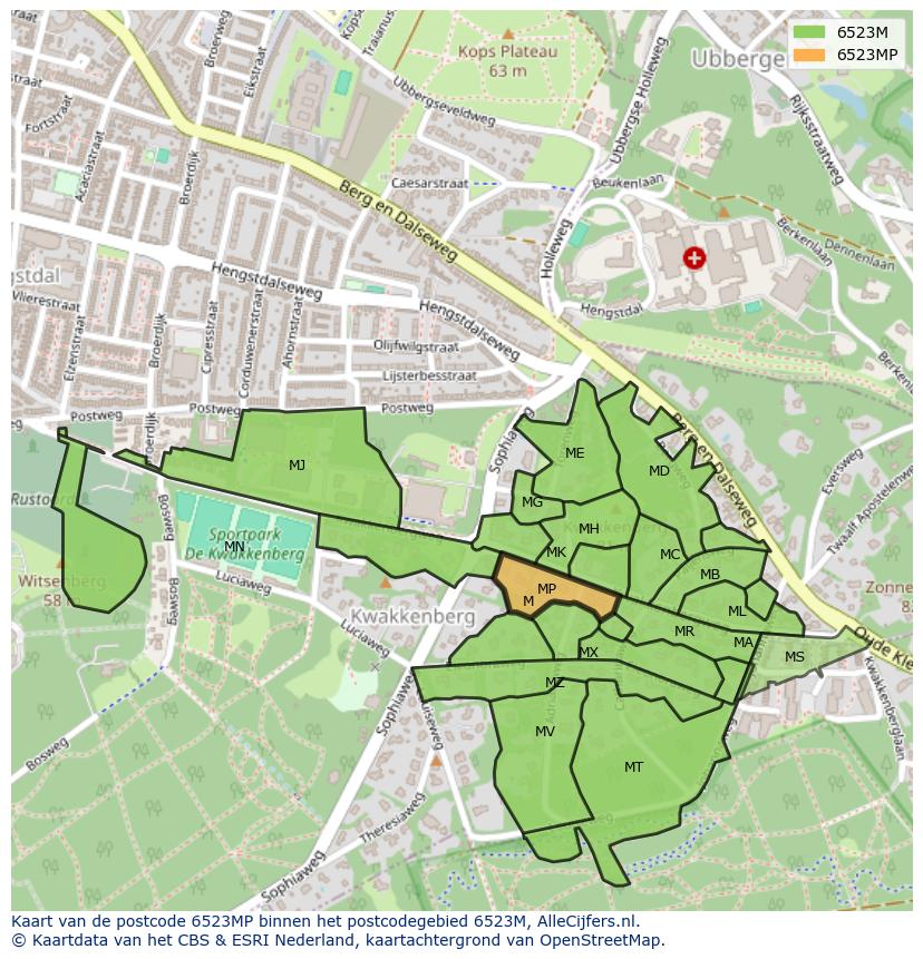 Afbeelding van het postcodegebied 6523 MP op de kaart.